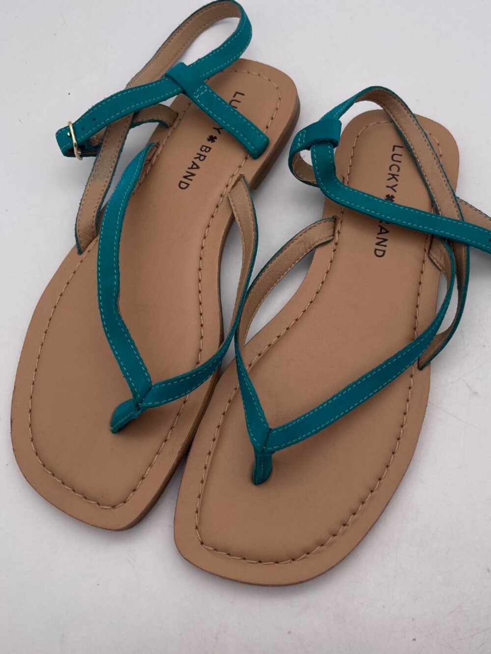 Lucky Brand Bylee Sandal Womens 7.5 M Blue Leather Strappy Ankle Buckle Open Toe